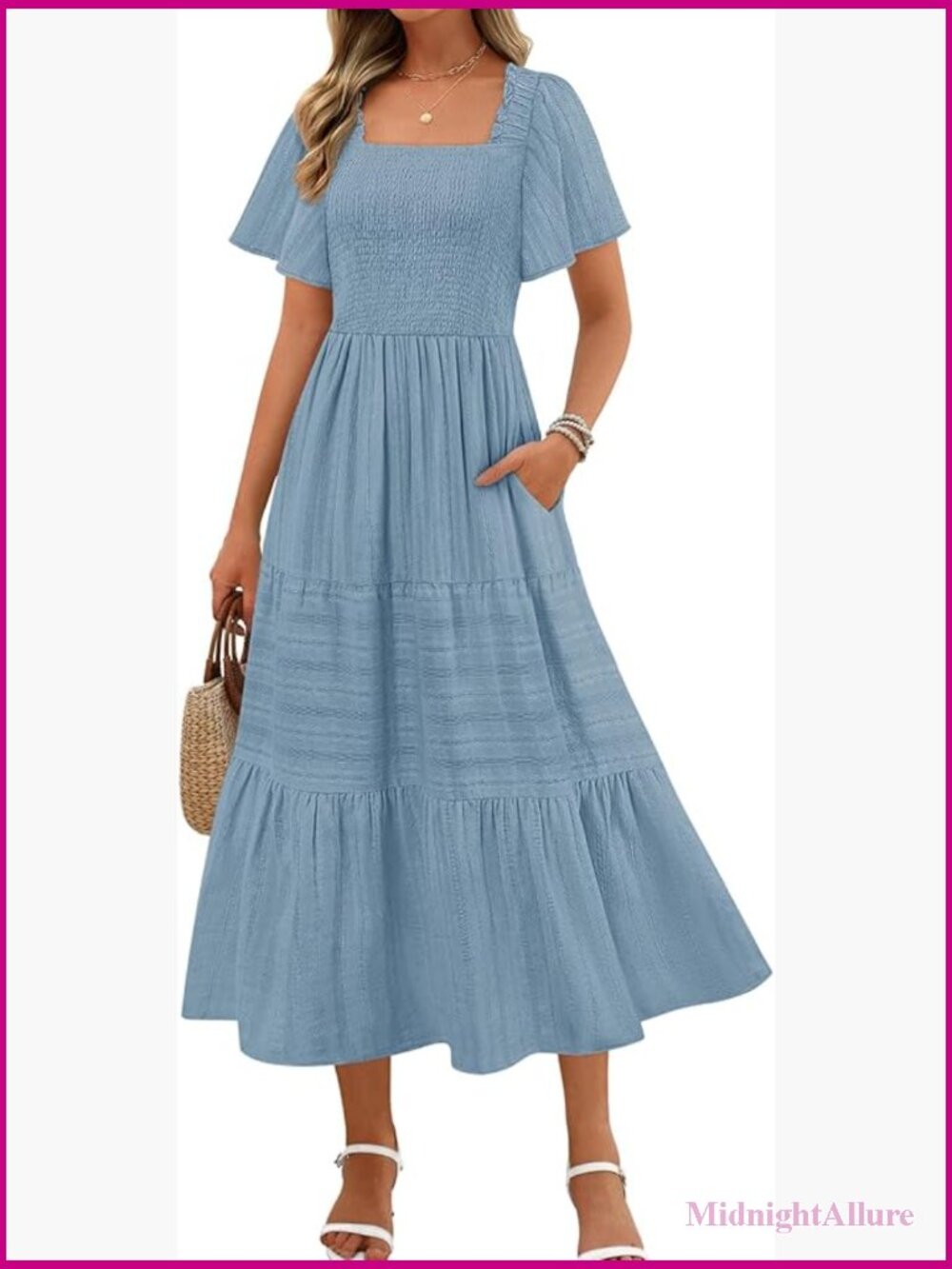 Flowy Midi Maxi Dress Short Sleeve Square Neck Smocked Tiered Ruffle Boho with